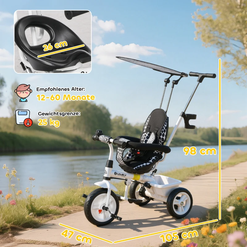 HOMCOM 6-in-1 Kinder Driewieler met Duwstang, Dak, Gordel, Opbergmand, voor 1-5 Jaar, Wit