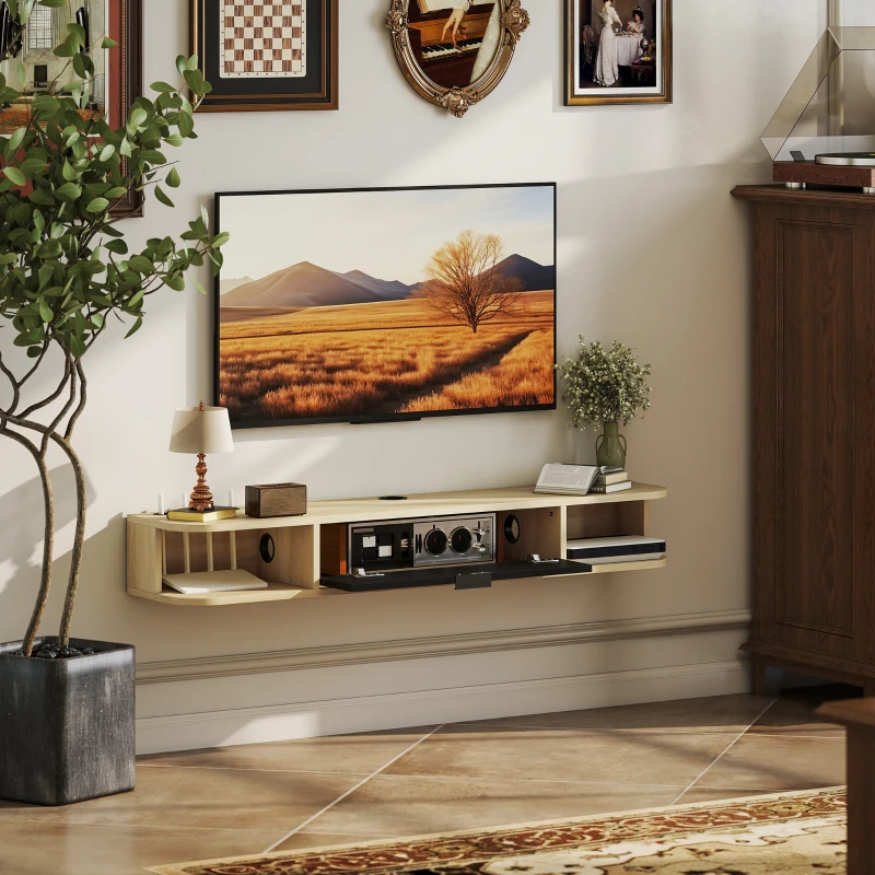 HOMCOM Meuble TV suspendu, meuble télé pour téléviseur jusqu'à 50 pouces, tiroir rabattable 2 étagères 120x24x16cm noir