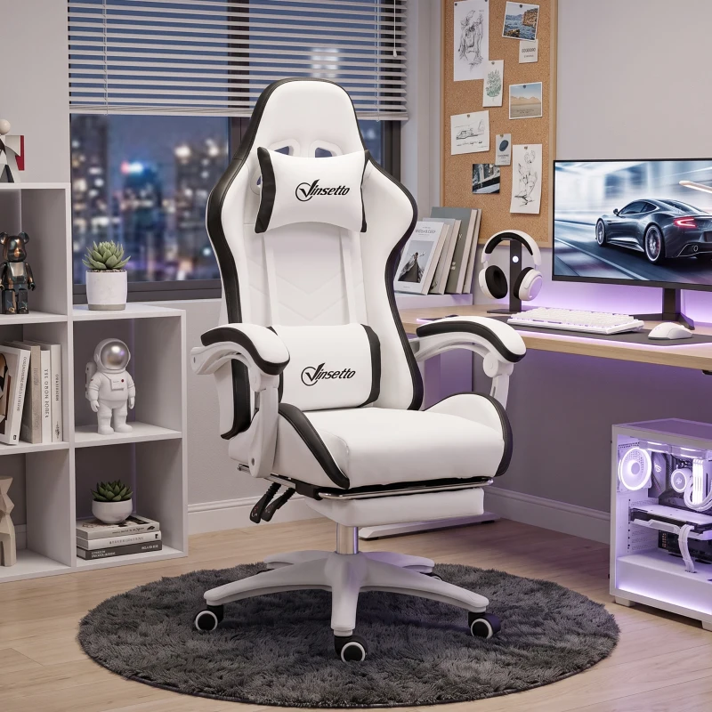 Vinsetto Cadeira Gaming de Couro PU com Altura Ajustável Reclinável 135° e Apoio para os Pés Retrátil 65x65x121-129 cm Branco e Preto