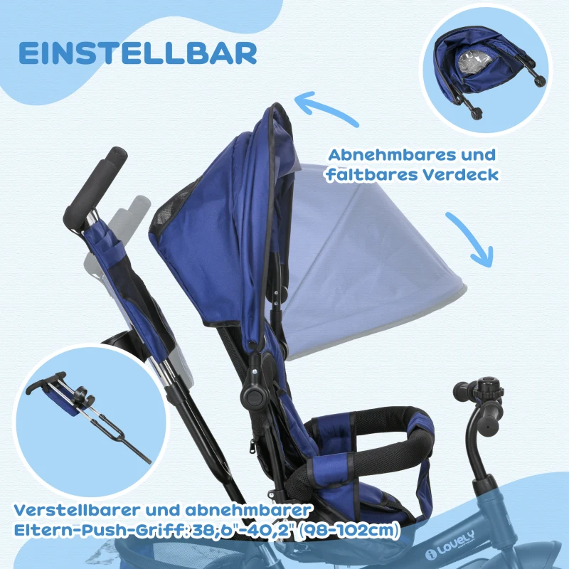 HOMCOM Kinderdriewieler met Achterkorf, Bekerhouder, Zonnedak, van Metaal, Donkerblauw