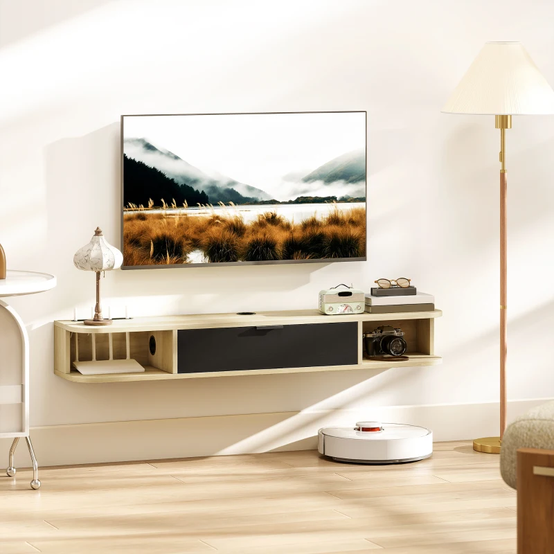 HOMCOM Meuble TV suspendu, meuble télé pour téléviseur jusqu'à 50 pouces, tiroir rabattable 2 étagères 120x24x16cm noir