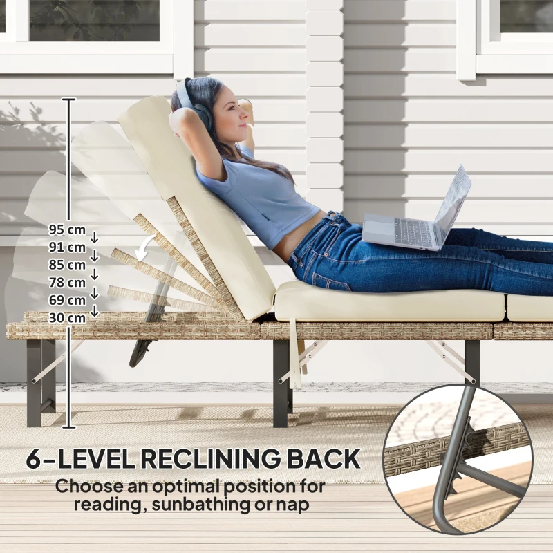 Outsunny Single Folding Rattan Sun Lounger, with Cushion - Grey