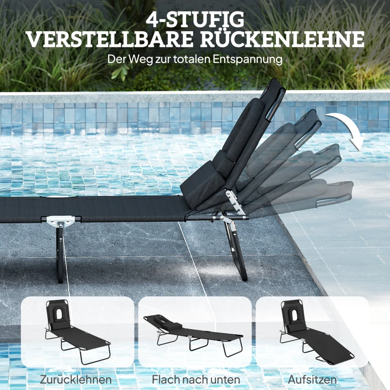 Outsunny Zonnebed met gezichtsopening & kussen, inklapbaar, waterafstotende bekleding, metalen frame, Zwart