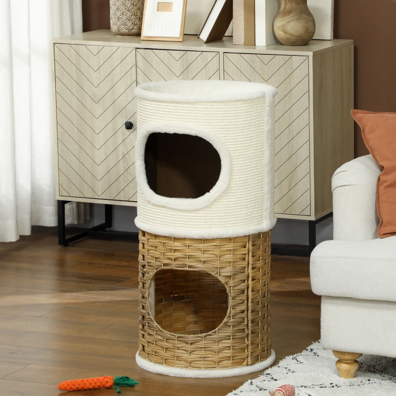 PawHut Niche pour chat d'intérieur à 3 niveaux, tour pour chat avec griffoir en sisal à griffer Ø 40 x 80 cm, crème
