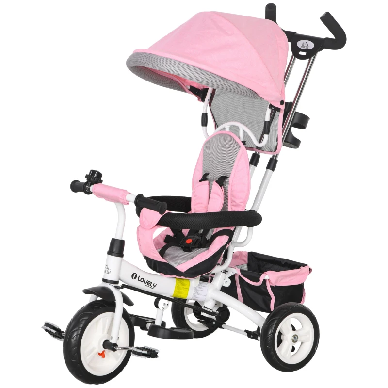 HOMCOM 6-in-1 Kinderrdriewieler met Duwstang, Zonnedak, Gordel, Mandje, voor 1-5 Jaar, Roze