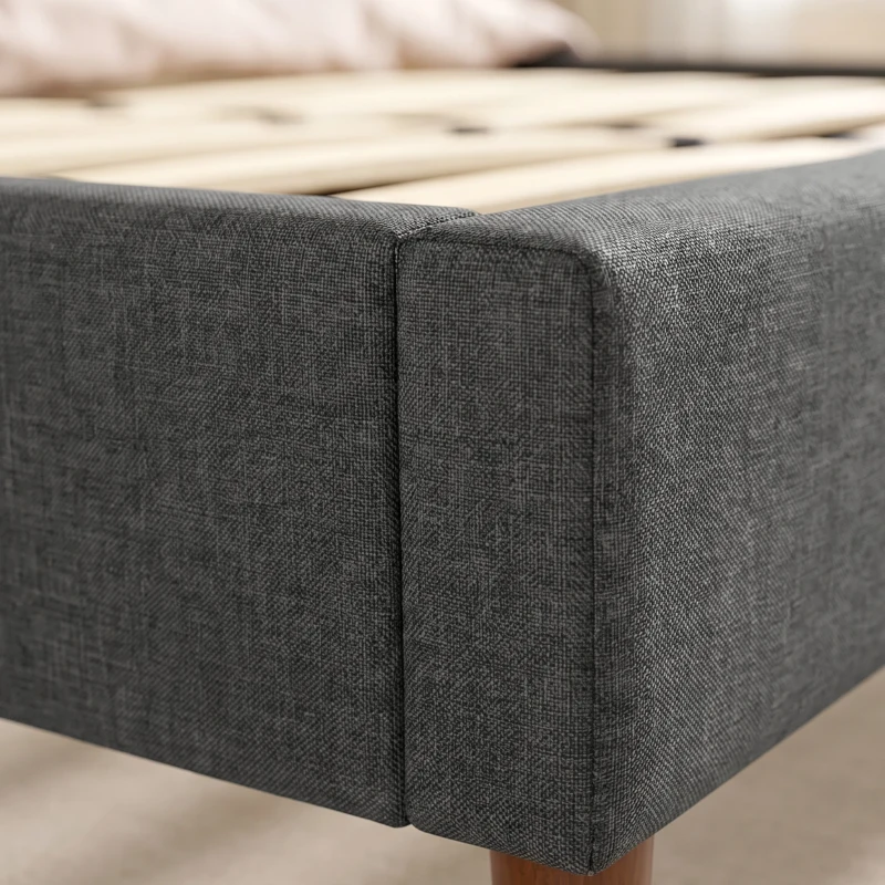 HOMCOM Cadre de Lit 140 x 200 cm avec Sommier Bois, Lit Double Rembourré en Effet Lin, Rangement au-dessous, Sans Bruit, Gris