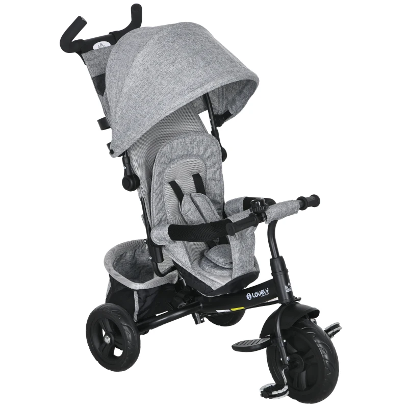 HOMCOM Kinderdriewieler, Fiets, Achtermand, Bekerhouder, Zonnedak, Metaal, Grijs