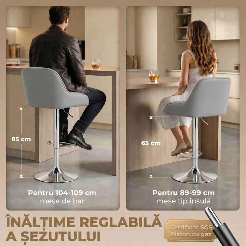 HOMCOM Set de 2 Scaune de Bar Rotative Reglabile pentru Bucătărie, Gri Deschis