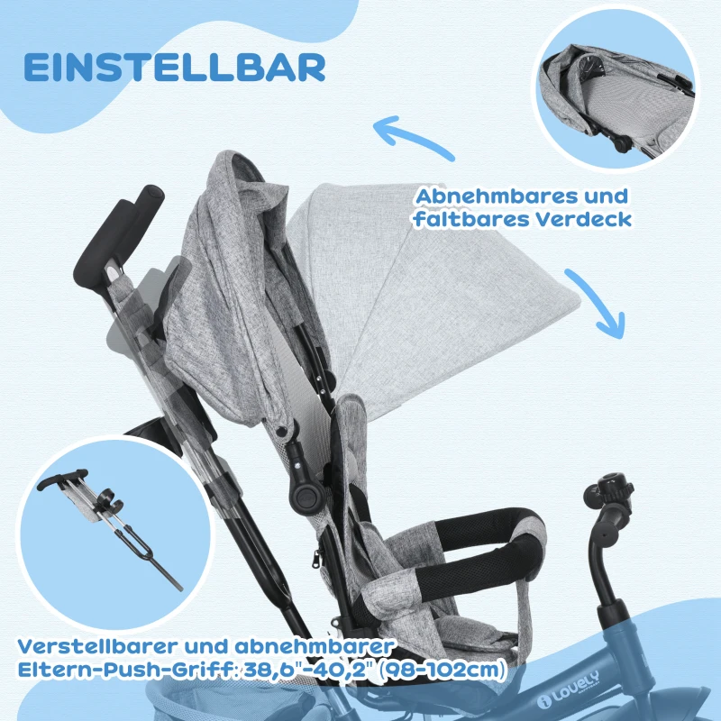 HOMCOM Kinderdriewieler, Fiets, Achtermand, Bekerhouder, Zonnedak, Metaal, Grijs