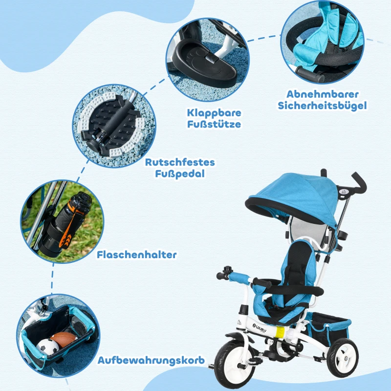 HOMCOM 6-in-1 Kinderdriewieler met Duwstang, Zonnedak, Gordel, Opbergmand, voor 1-5 Jaar, Blauw
