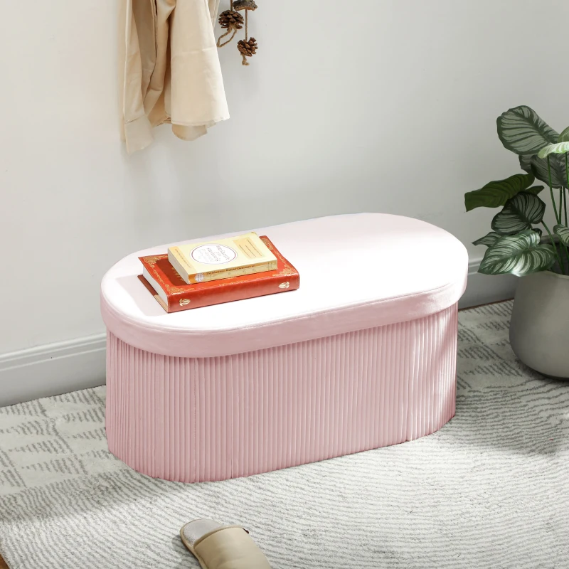 HOMCOM Puff de Arrumação Banco de Arrumação Dobrável 72 L 76x38x35 cm Estofado em Veludo Baú de Armazenamento Rosa