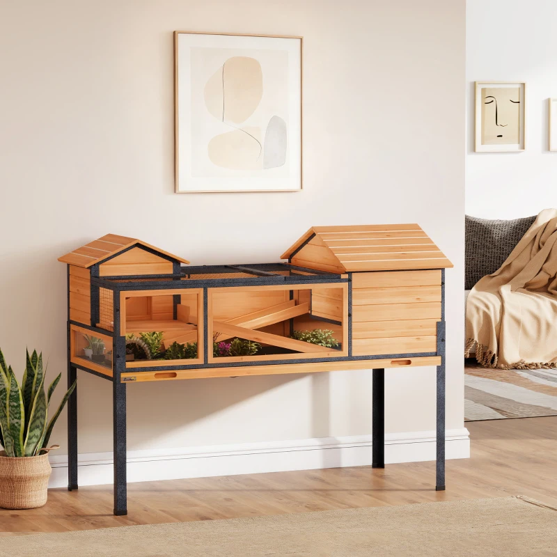 PawHut Maison pour tortues à 2 étages 2 chambres fenêtres rampes toit ouvrable et plateau 128 x 63 x 96 cm jaune(m-2)
