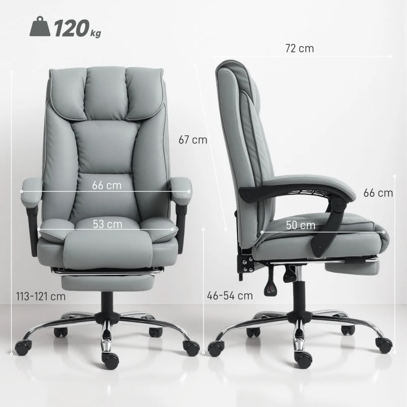 HOMCOM Silla de oficina ergonómica, sillón reclinable con reposapiés, altura ajustable, giratoria 360°, gris