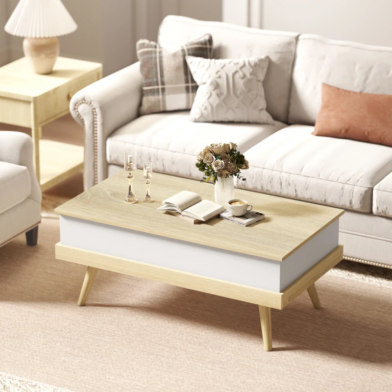 HOMCOM Mesa de Centro Elevable con 3 Compartimientos de Almacenaje Ocultos y Patas de Madera 100x79x54 cm Natural y Blanco