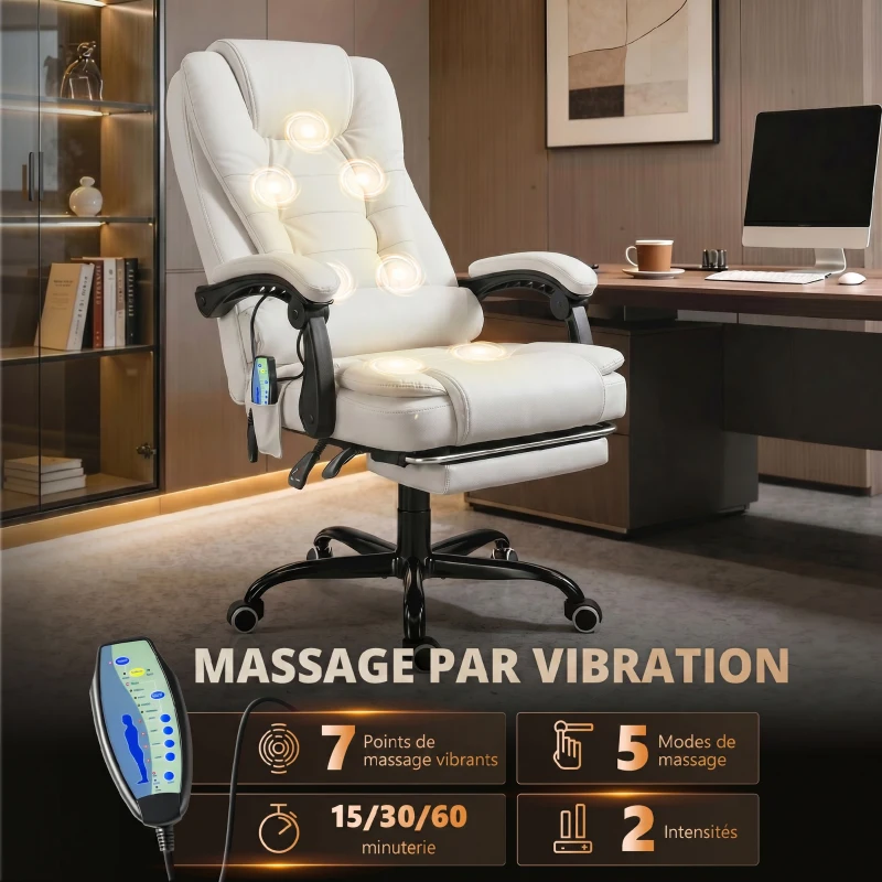 Vinsetto Fauteuil de Bureau Massant 7 Points, Chaise de Bureau Ergonomique avec Repose-pieds Rétractable, Dossier Inclinable 155°, Hauteur Réglable, Pivotant à 360°, télécommande Filaire, Blanc(m-4)