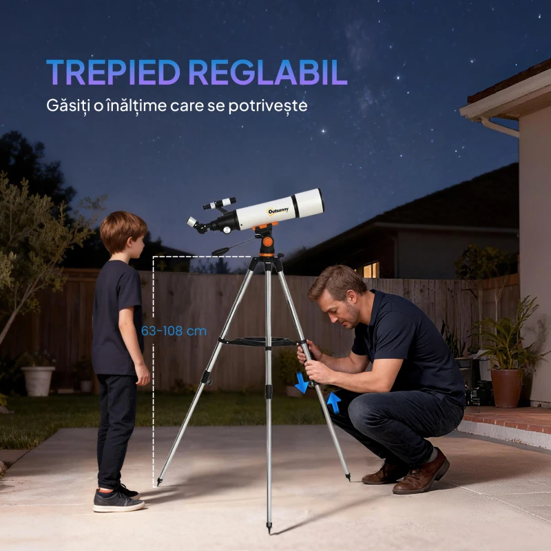 Outsunny Telescop Astronomic 80mm cu Montură AZ, 2 Lentile Oculare și Adaptor pentru Smartphone, 92x92x130 cm, Alb și Negru