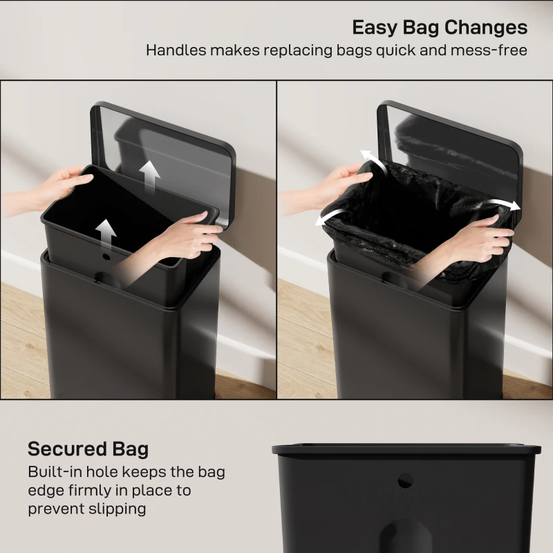 HOMCOM 20L Kitchen Bin with Soft-Close Lid and Stay-Open Function, Stainless Steel Pedal Bin with Removable Inner Bucket for Kitchen, Office, Home, Matte Black