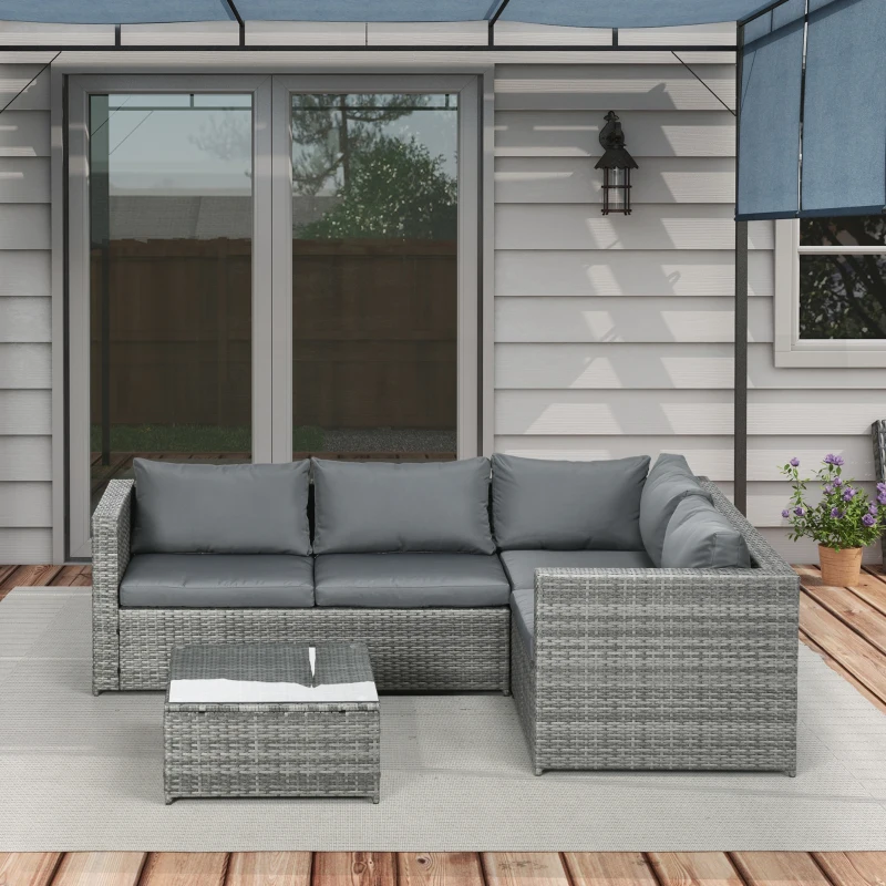 Outsunny 3 Pieces PE Rattan Garden Furniture Set with 10 cm Thick Cushions, 4 Seater Garden Corner Sofa Set with Glass Top Coffee Table, Outdoor Furniture for Patio, Porch, Grey