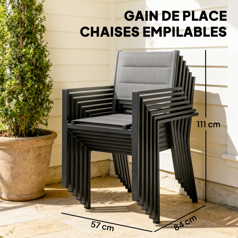 Outsunny Salon de Jardin 7 Pièces Table Extensible Aluminium 6 Chaises Empilables Textilène Rembourré 90/180 x 80 x 75 cm Gris