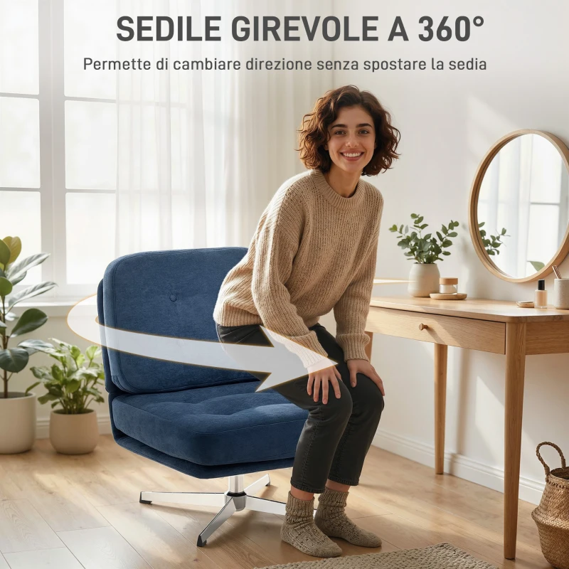 HOMCOM Sedia da Salotto Girevole in Tessuto Effetto Ciniglia e Metallo, 70x87x84 cm, Blu Scuro