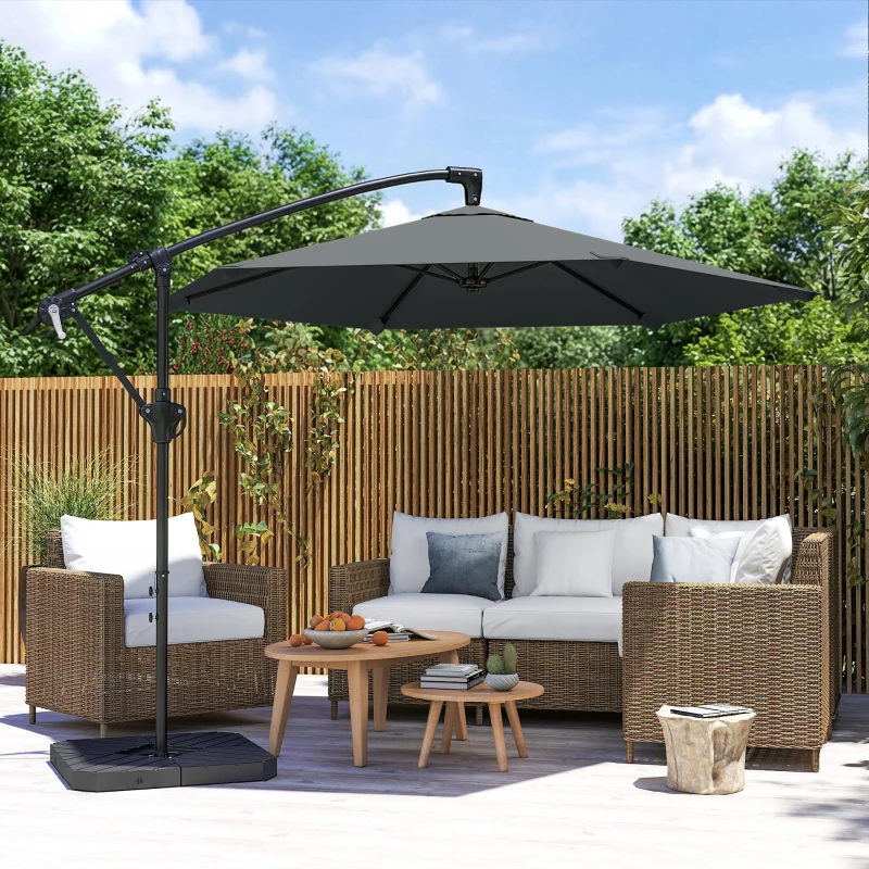 Outsunny Parasol déporté 3 m avec pied en croix et dalles lestage, parasol de jardin extérieur avec manivelle, gris foncé