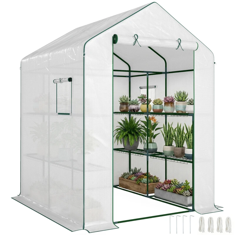 Outsunny Serre de jardin avec 1 porte 2 fenêtres étagères 3 niveaux pour Légumes Plantes Fleurs Bâche PE 140 x 143 x 190 cm blanc