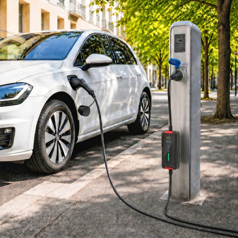 HOMCOM Ladegerät Auto Elektro Typ 2, 7kW, 6-32A, 8m, CEE-Stecker, Europäischer Adapter, LCD-Display, IP65, 21x8,5x5cm, Schwarz
