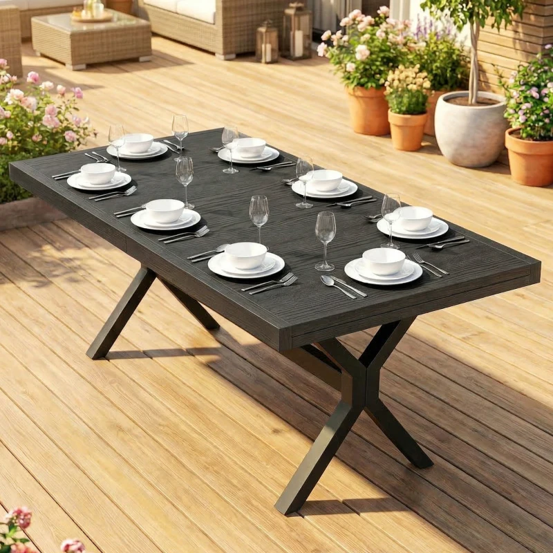 Outsunny Table de Jardin Extensible Aluminium Table de Repas Extérieure Effet Bois 8-10 Personnes 214x85x73cm Gris Anthracite