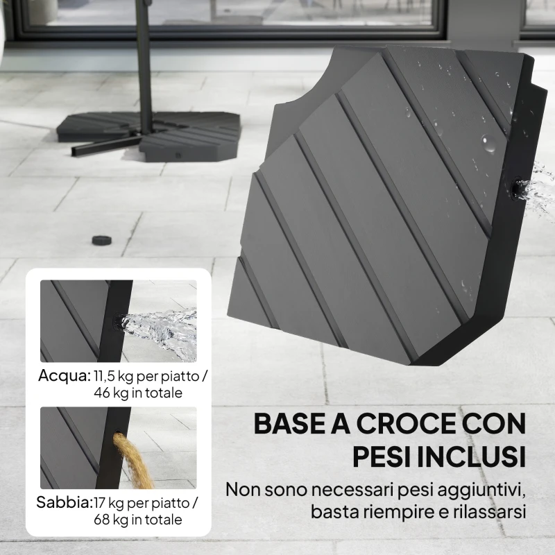 Outsunny Ombrellone a Sbalzo con Base a Croce, in Metallo e Poliestere, 302x295x242 cm, Grigio Scuro