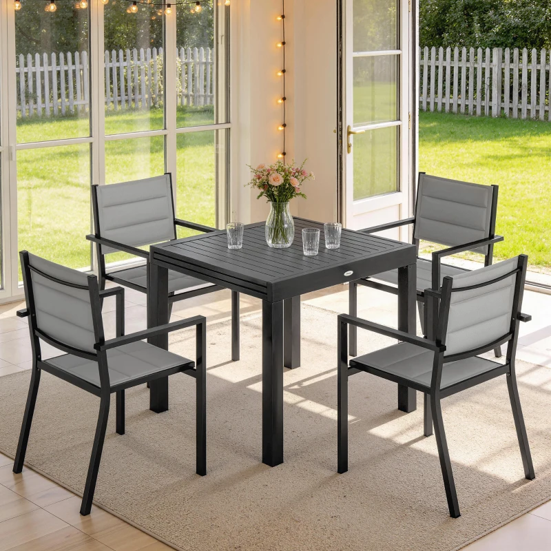 Outsunny Salon de Jardin 7 Pièces Table Extensible Aluminium 6 Chaises Empilables Textilène Rembourré 90/180 x 80 x 75 cm Gris