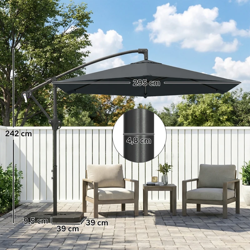Outsunny Ombrellone a Sbalzo con Base a Croce, in Metallo e Poliestere, 302x295x242 cm, Grigio Scuro