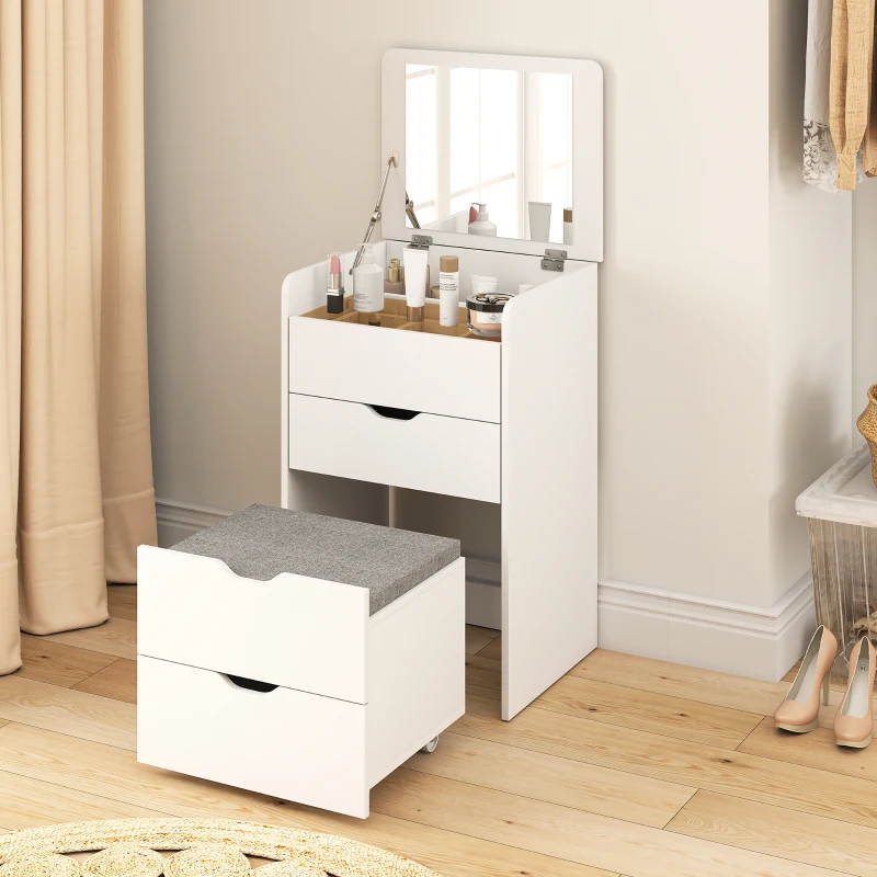 HOMCOM Tocador 3 en 1 con Espejo Abatible y Taburete, con Cajones, Blanco