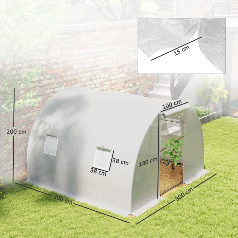 Outsunny Serre de jardin tunnel 9 m² 4 fenêtres, porte zippée enroulable châssis acier galvanisé, bâche PE 3 x 3 x 2 m blanc