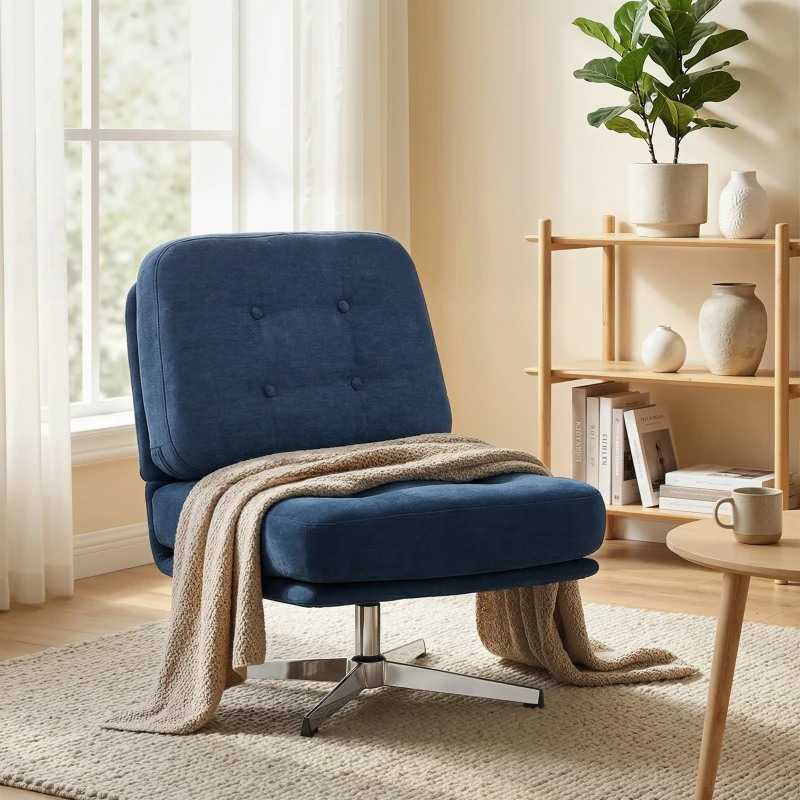 HOMCOM Sedia da Salotto Girevole in Tessuto Effetto Ciniglia e Metallo, 70x87x84 cm, Blu Scuro