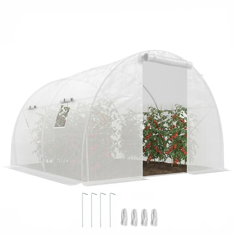 Outsunny Serre de jardin tunnel 9 m² 4 fenêtres, porte zippée enroulable châssis acier galvanisé, bâche PE 3 x 3 x 2 m blanc