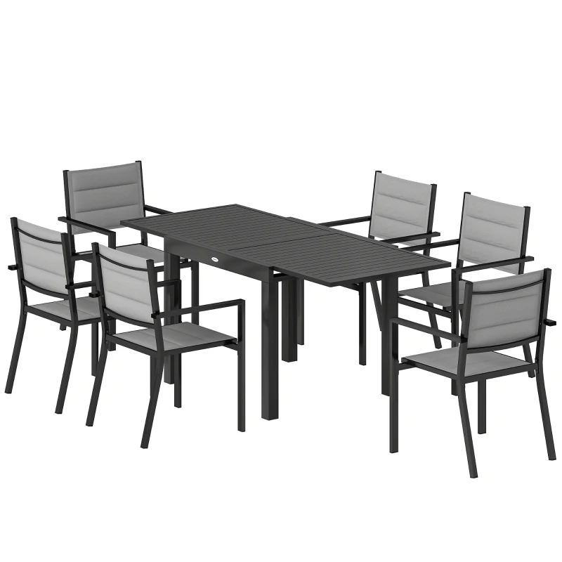 Outsunny Salon de Jardin 7 Pièces Table Extensible Aluminium 6 Chaises Empilables Textilène Rembourré 90/180 x 80 x 75 cm Gris
