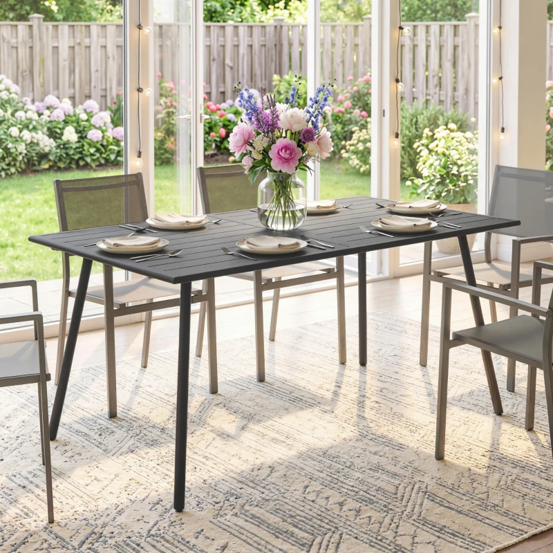 Outsunny Table à manger de jardin pour 6 personnes avec plateau à lattes pour jardin, patio, terrasse, 150 x 80 x 74 cm, gris