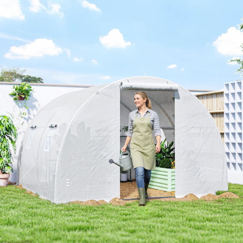 Outsunny Serre de jardin tunnel 9 m² 4 fenêtres, porte zippée enroulable châssis acier galvanisé, bâche PE 3 x 3 x 2 m blanc