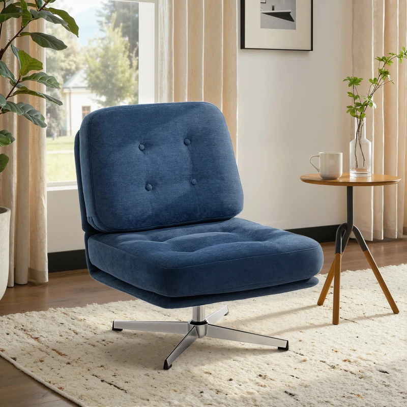HOMCOM Sedia da Salotto Girevole in Tessuto Effetto Ciniglia e Metallo, 70x87x84 cm, Blu Scuro