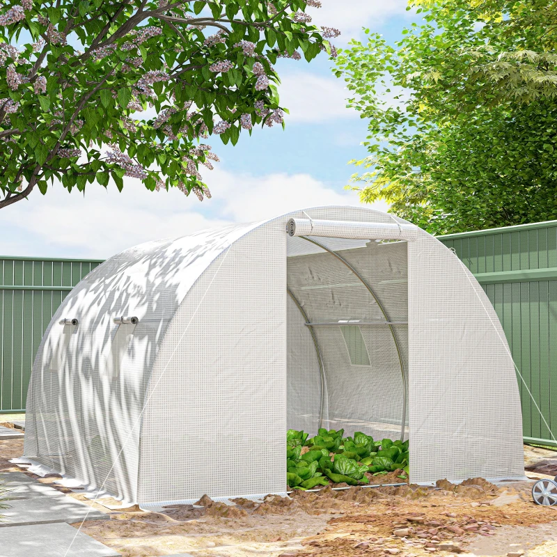 Outsunny Serre de jardin tunnel 9 m² 4 fenêtres, porte zippée enroulable châssis acier galvanisé, bâche PE 3 x 3 x 2 m blanc