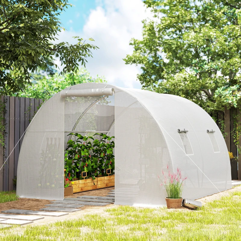 Outsunny Serre de jardin tunnel 9 m² 4 fenêtres, porte zippée enroulable châssis acier galvanisé, bâche PE 3 x 3 x 2 m blanc