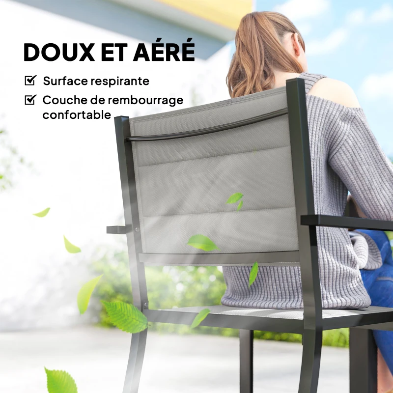 Outsunny Salon de Jardin 7 Pièces Table Extensible Aluminium 6 Chaises Empilables Textilène Rembourré 90/180 x 80 x 75 cm Gris
