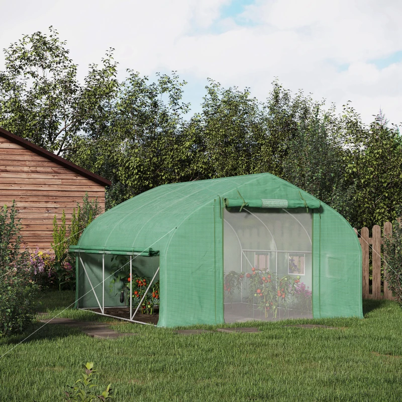 Outsunny Serre de jardin tunnel 10,4 m² serre de jardin anti-UV porte zippée enroulable fenêtres maille 350 x 300 x 200 cm vert