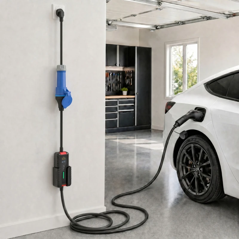 HOMCOM Ladegerät Auto Elektro Typ 2, 7kW, 6-32A, 8m, CEE-Stecker, Europäischer Adapter, LCD-Display, IP65, 21x8,5x5cm, Schwarz