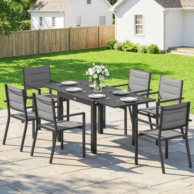 Outsunny Salon de Jardin 7 Pièces Table Extensible Aluminium 6 Chaises Empilables Textilène Rembourré 90/180 x 80 x 75 cm Gris