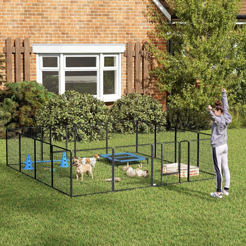 PawHut Welpenlaufstall, 16-teilig Welpenauslauf faltbar mit Tür für kleine, mittlere Hunde, 3,2 x 3,2 x 0,8 m, Grau
