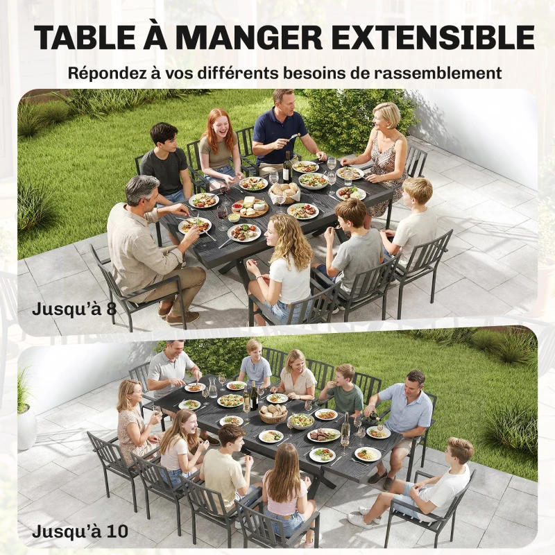 Outsunny Table de Jardin Extensible Aluminium Table de Repas Extérieure Effet Bois 8-10 Personnes 214x85x73cm Gris Anthracite