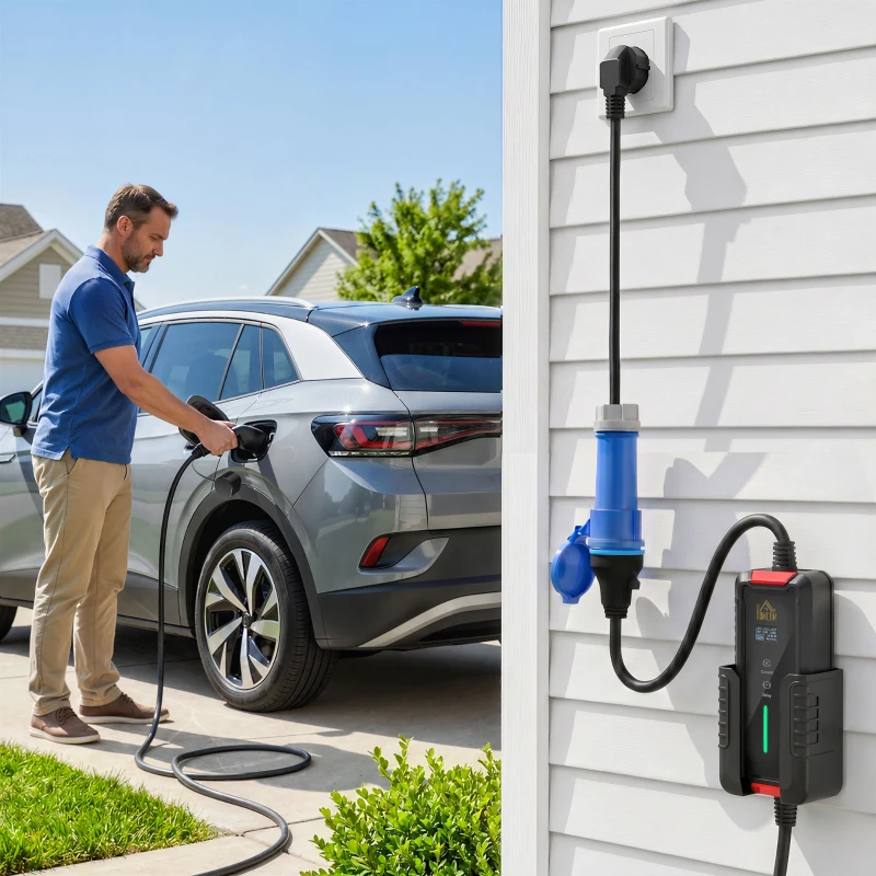 HOMCOM Încărcător Mașină Electrică Type 2, 7kW, 6-32A, 8m, Priză CEE, Adaptor European, Ecran LCD, IP65, 21x8,5x5cm, Negru