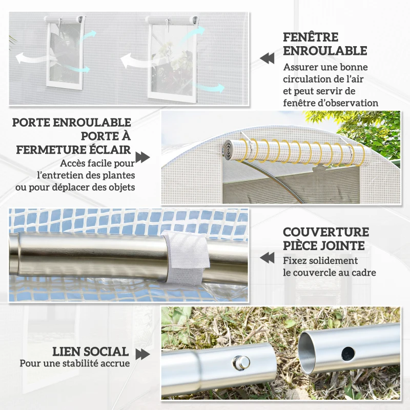 Outsunny Serre de jardin tunnel 9 m² 4 fenêtres, porte zippée enroulable châssis acier galvanisé, bâche PE 3 x 3 x 2 m blanc