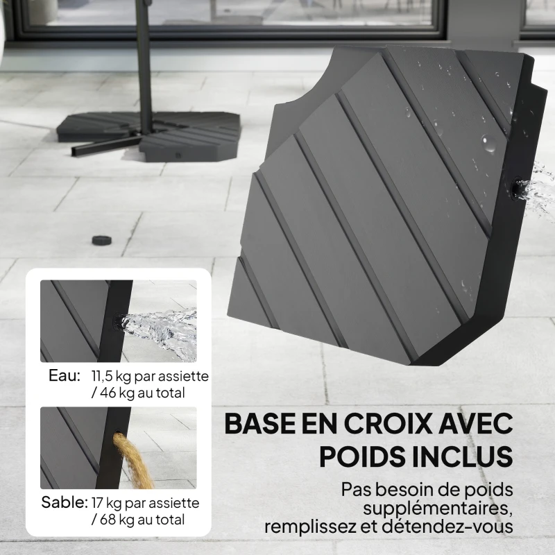 Outsunny Parasol déporté 3 m avec pied en croix et dalles lestage, parasol de jardin extérieur avec manivelle, gris foncé